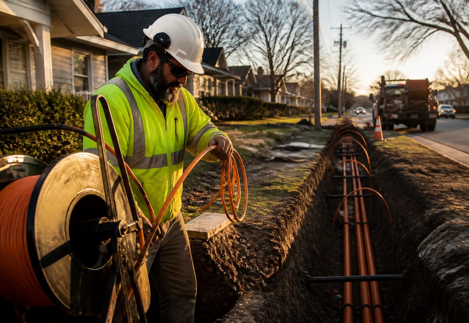 Ajumi technician feeding fiber conduit into a trench along a residential street at sunset