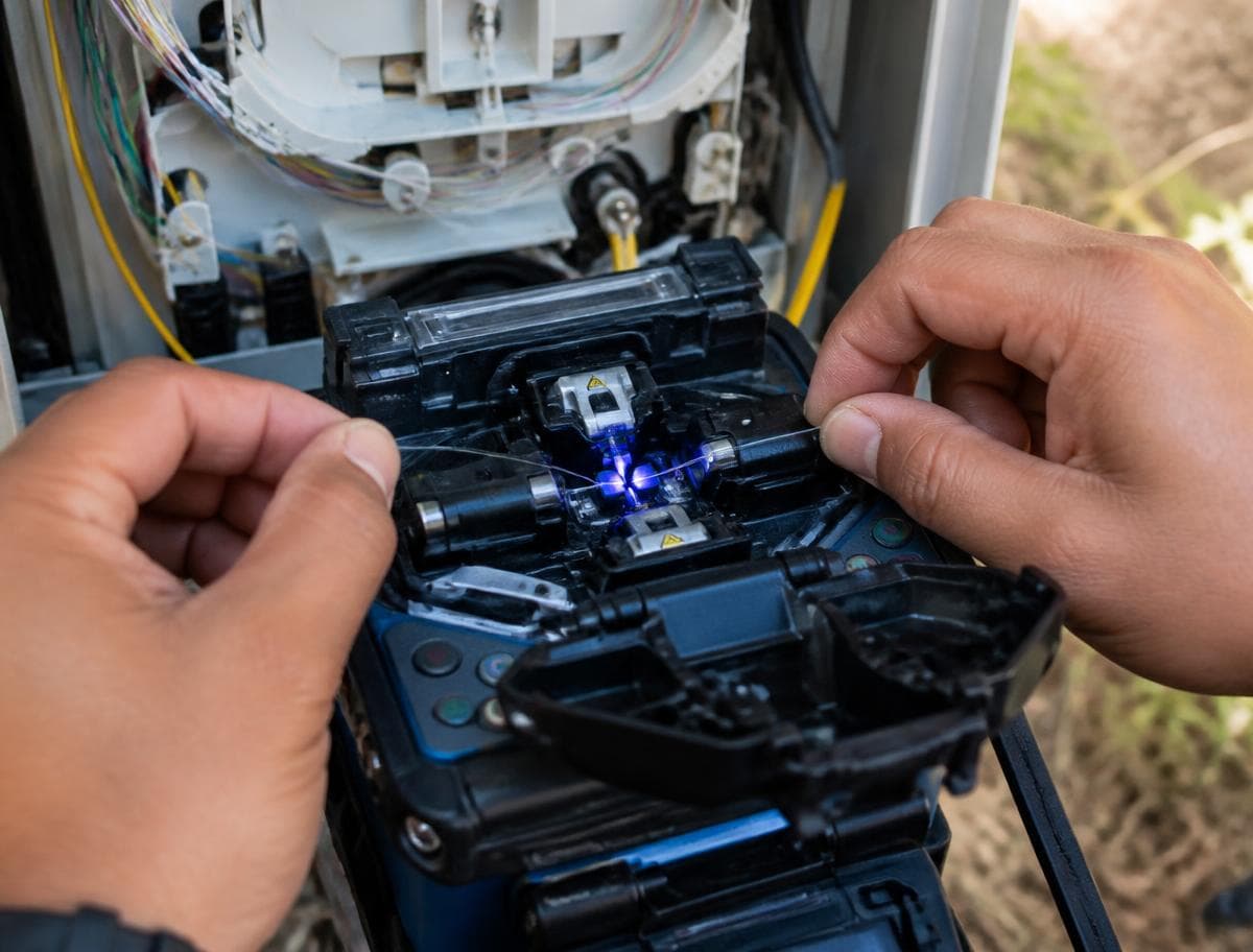 Technician fusion-splicing fiber strands inside a field enclosure